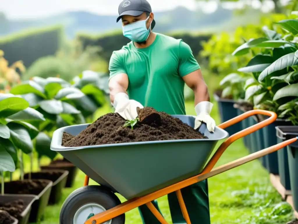 Una persona usa una carretilla ecológica para residuos en un jardín, rodeada de plantas verdes