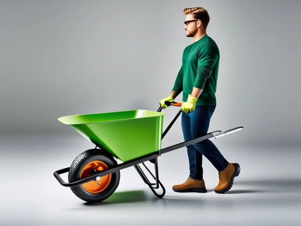 Persona usando carretilla ecológica para residuos en espacio organizado y limpio, transmitiendo eficiencia y conciencia ambiental
