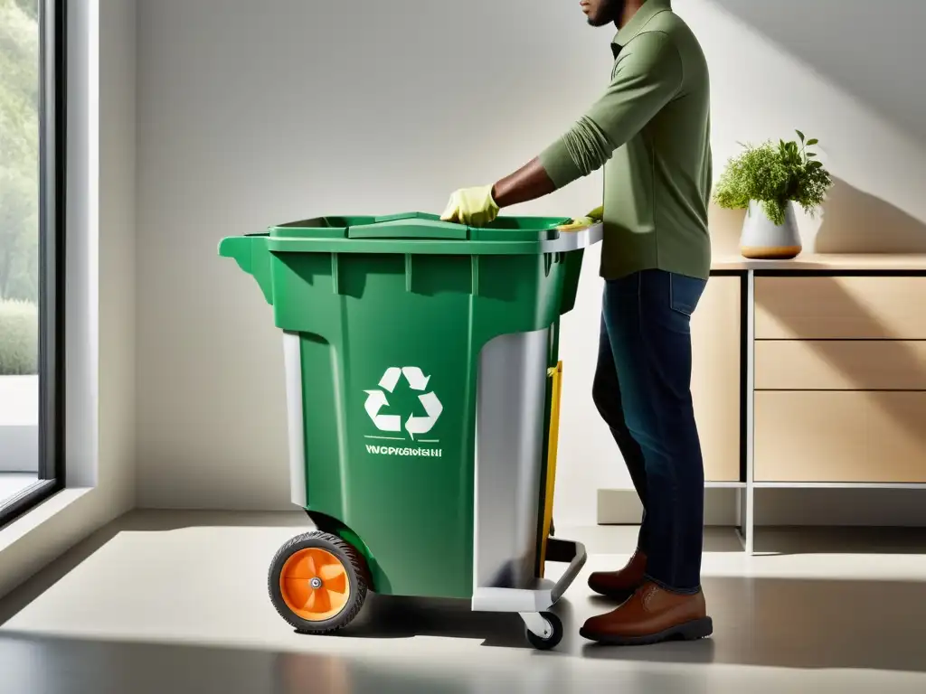 Persona maniobrando una carretilla ecológica para residuos en un entorno limpio y organizado, destacando su diseño moderno y sostenible