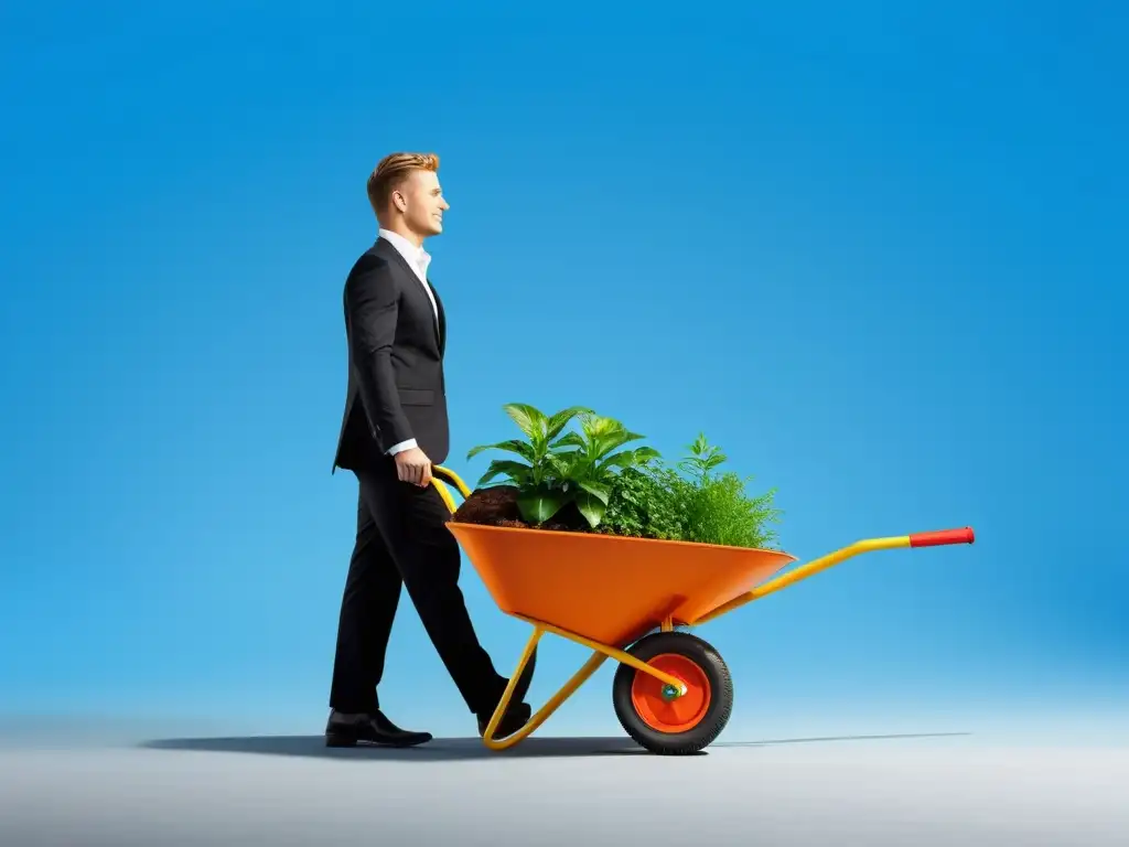 Una persona usa una carretilla ecológica para residuos, rodeada de plantas verdes y cielos azules, enfatizando la sostenibilidad y la eficiencia
