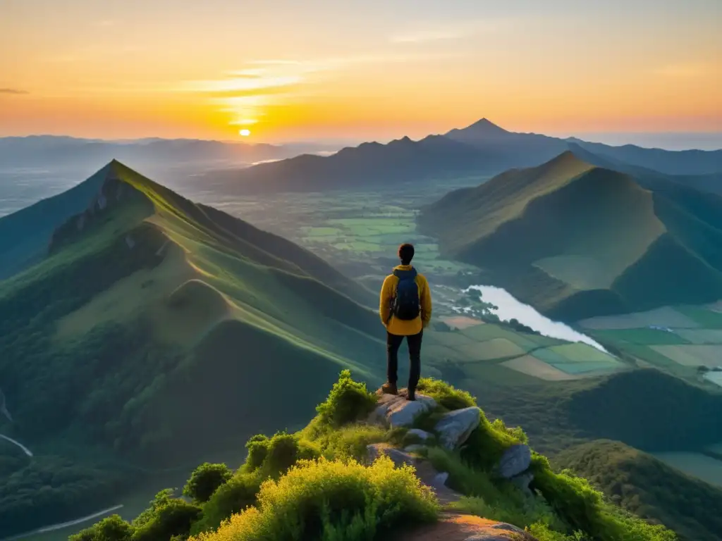 Persona en cima de montaña, rodeada de naturaleza, contemplando el atardecer