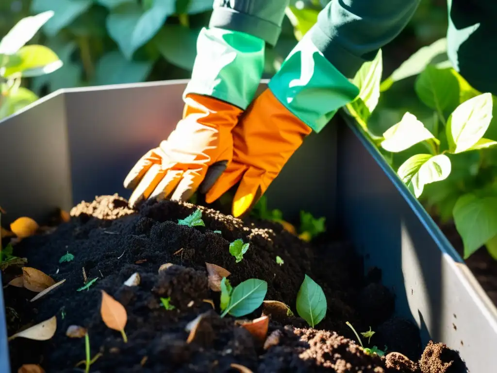 Persona que voltea compost en un contenedor con restos de comida y desechos de jardín