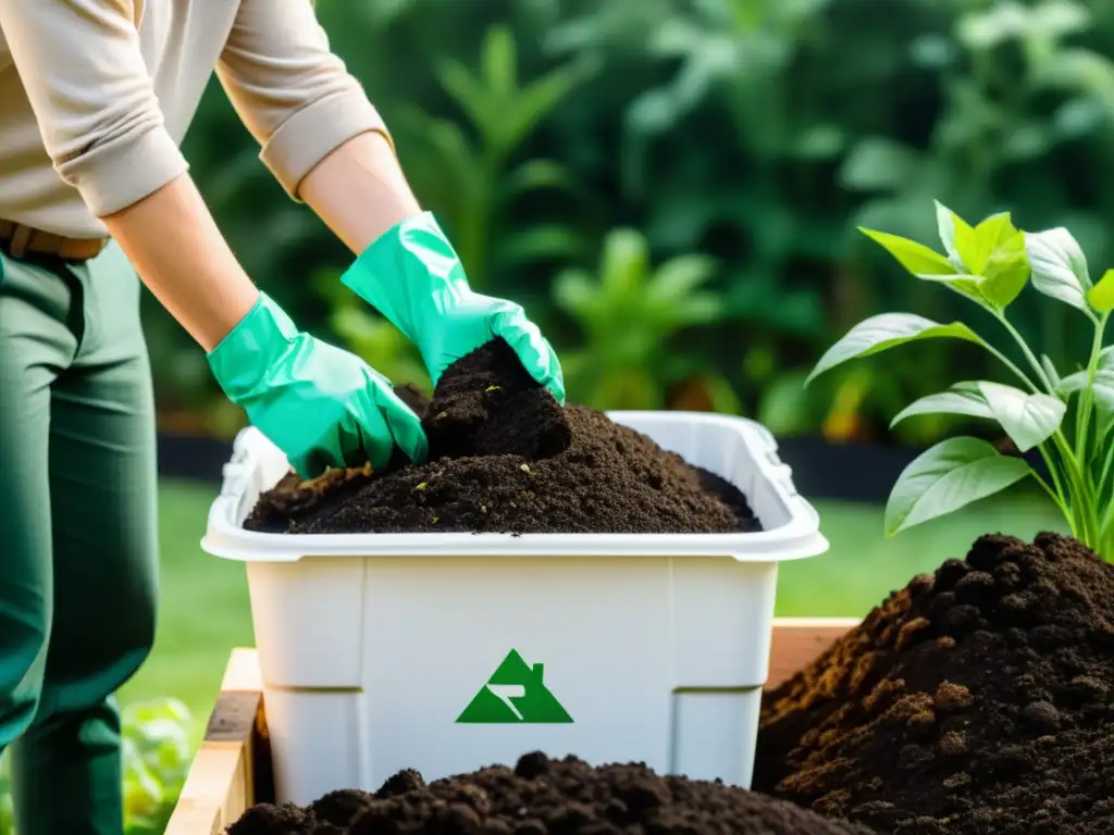 Persona girando compost en un jardín, con suelo oscuro y plantas verdes