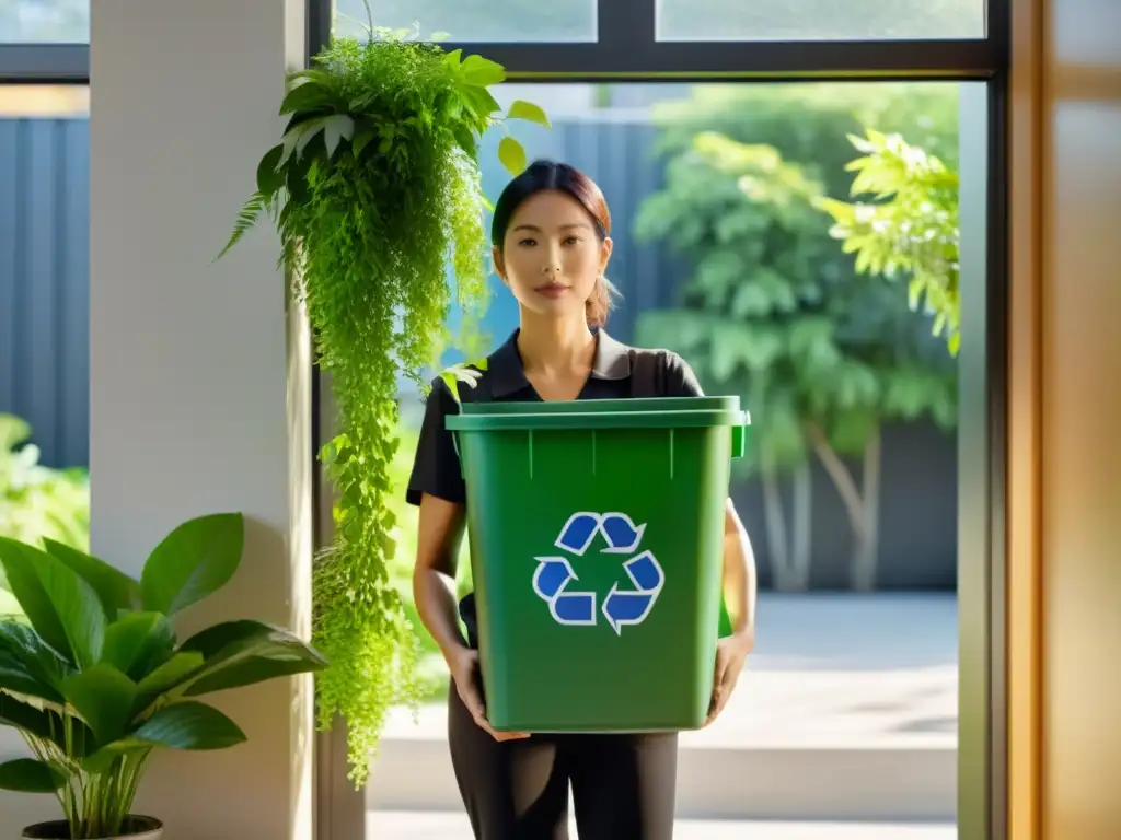 Persona sosteniendo un contenedor de reciclaje frente a ventana soleada con plantas