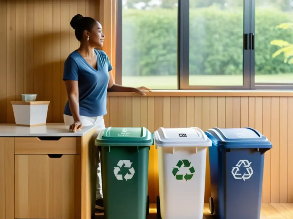 Una persona contempla en qué contenedor de reciclaje debería depositar un objeto en una cocina luminosa y acogedora