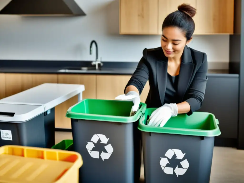 Una persona clasifica con cuidado materiales reciclables en contenedores