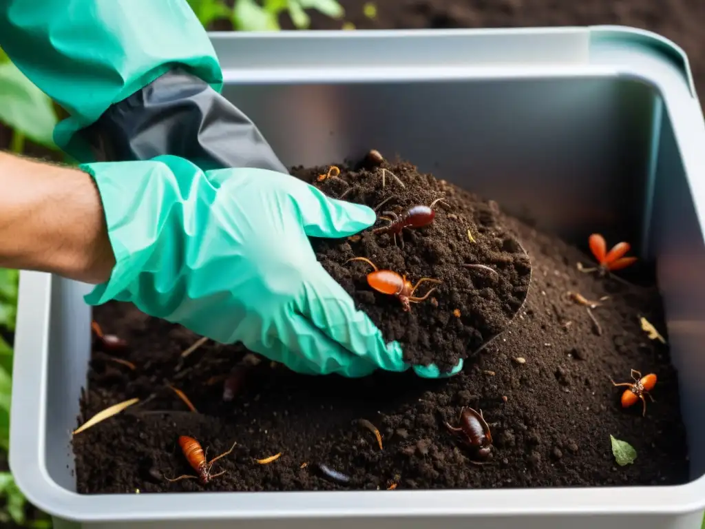 Persona cuidadosa girando compost en bin moderno