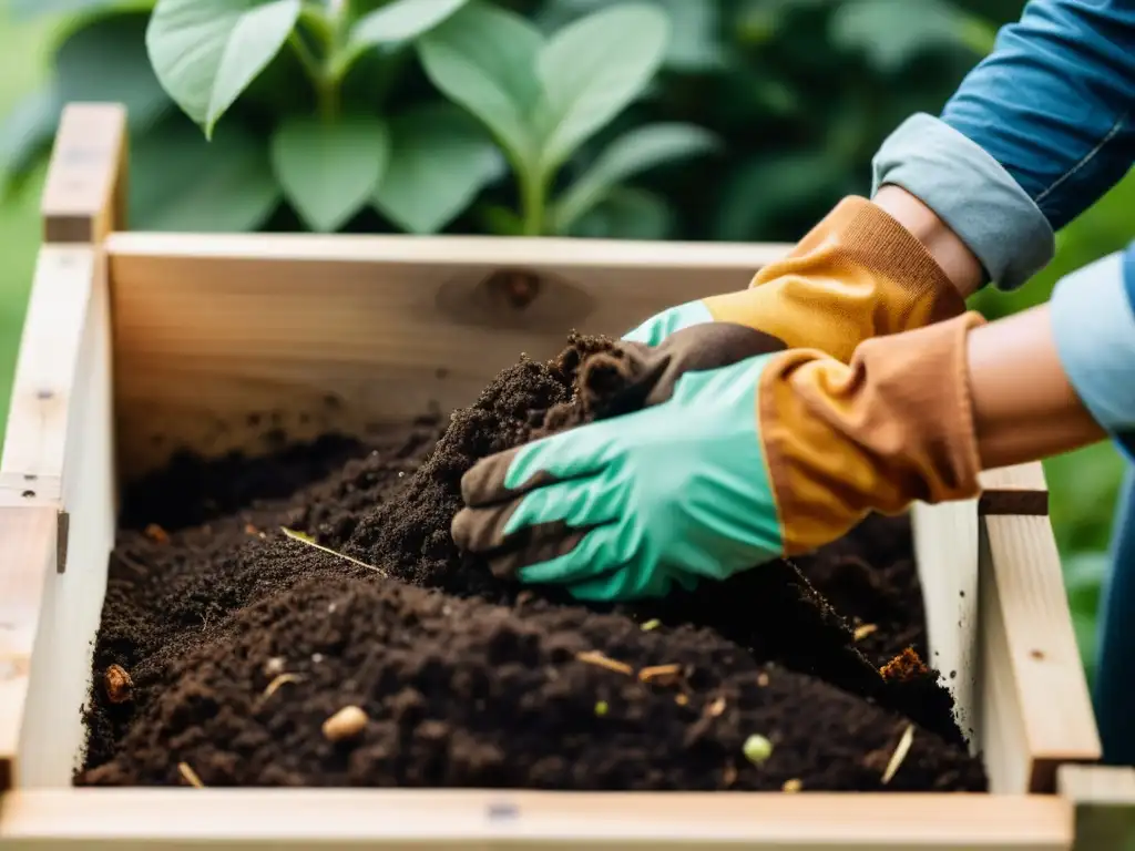 Persona cuidadosa volteando compostaje en casa, con guantes de jardinería