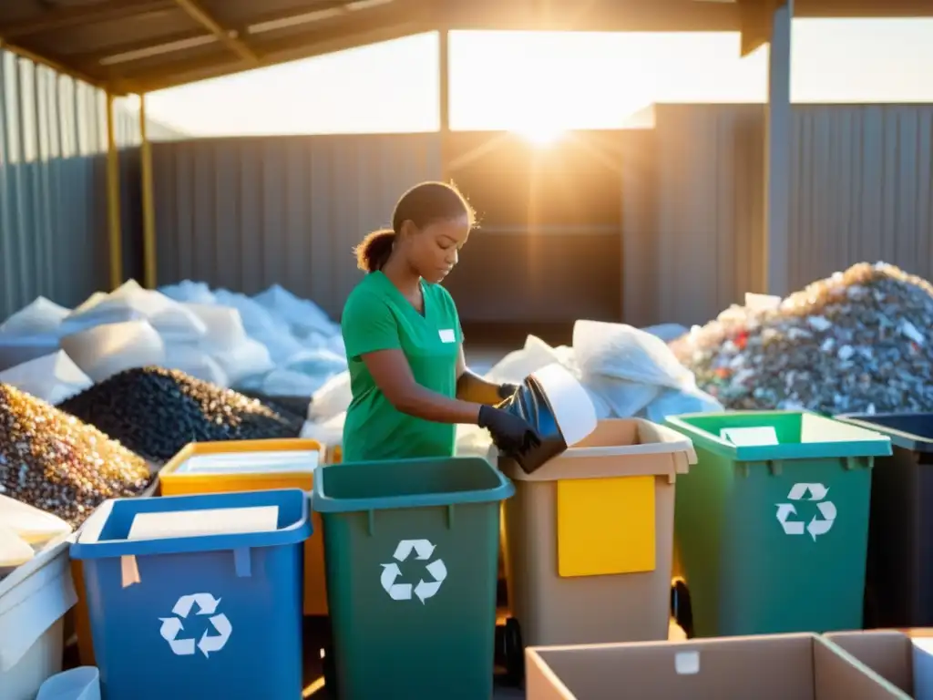 Persona dedicada recicla materiales con responsabilidad individual, destacando historia de sostenibilidad ambiental