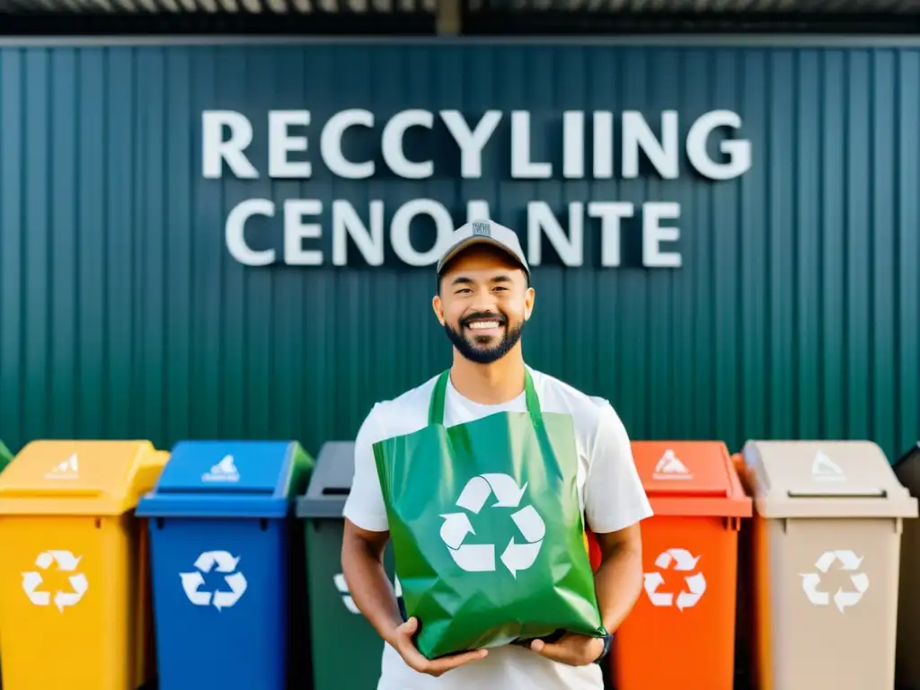 Una persona determinada contribuye al reciclaje en un centro de reciclaje, transmitiendo la psicología del consumidor reciclaje