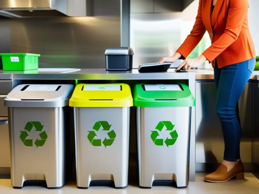 Persona depositando dispositivos electrónicos en contenedores de reciclaje en una cocina moderna