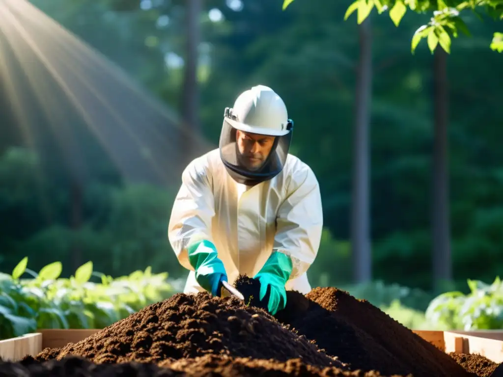 Persona con equipo de protección volteando compostaje en un entorno natural