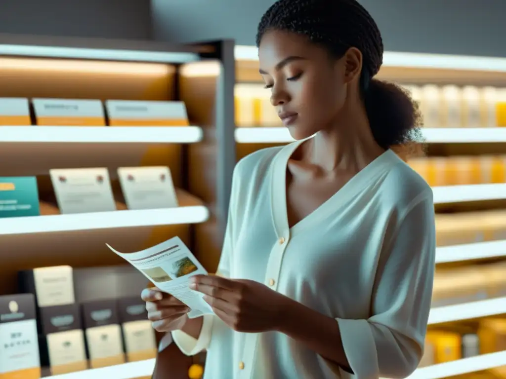 Persona leyendo etiqueta con luz natural, fomentando compras conscientes