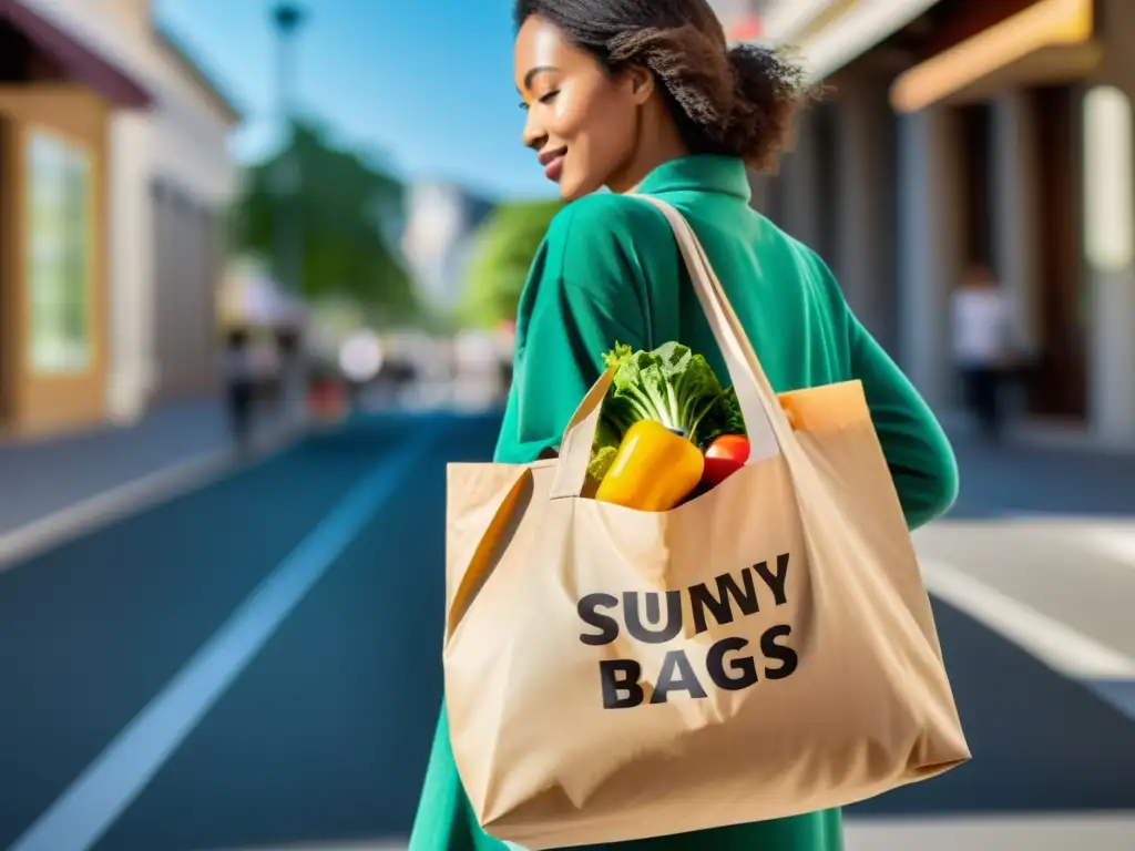 Persona feliz llevando bolsa reutilizable llena de compras en una calle soleada