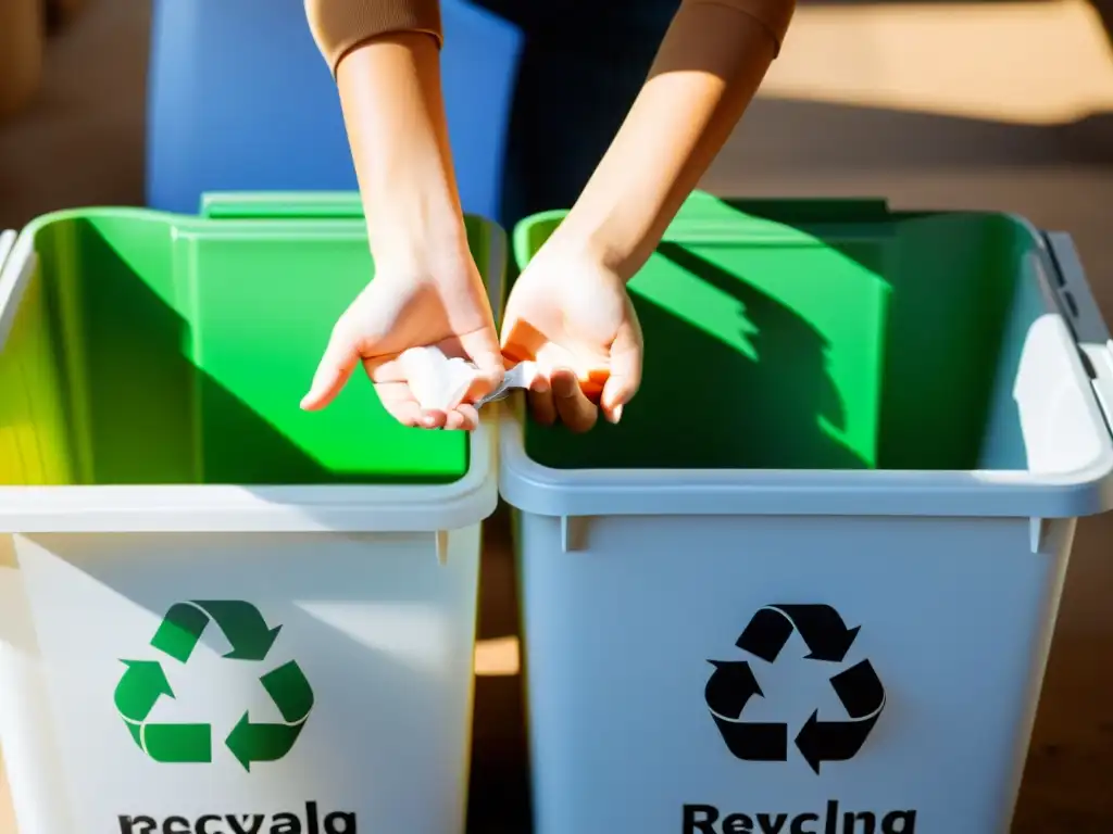 Una persona feliz separa reciclables en contenedores, con luz natural suave