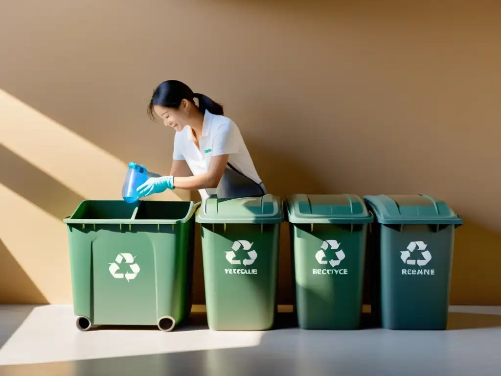 Persona feliz separando residuos en contenedores etiquetados, transmitiendo calma y motivación para reciclar