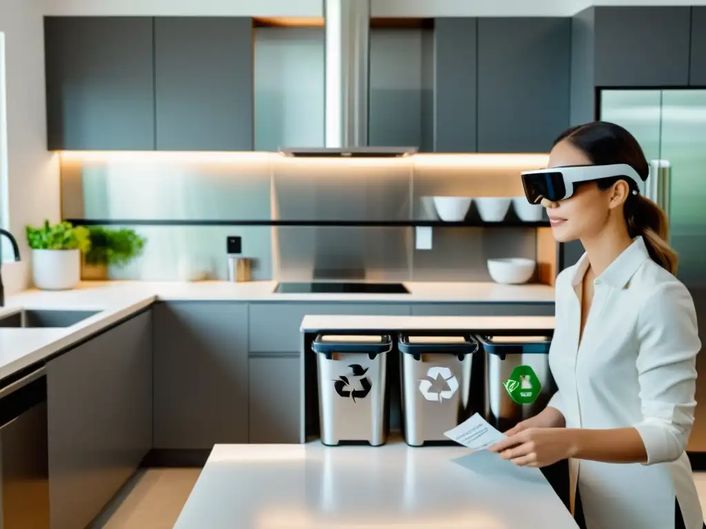 Una persona utiliza gafas de realidad aumentada para separación de residuos en una cocina moderna