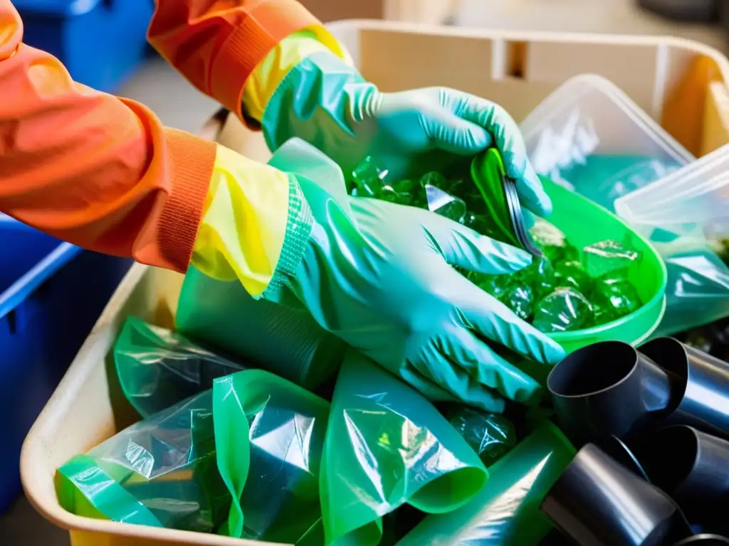 Una persona con guantes y gafas protección clasifica plásticos en un centro de reciclaje, resaltando la importancia del manejo seguro