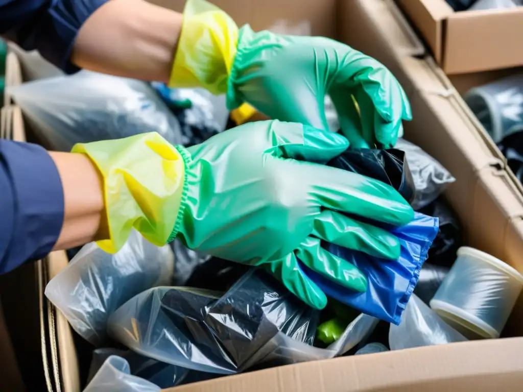 Persona con guantes y mascarilla clasificando plásticos en un centro de reciclaje