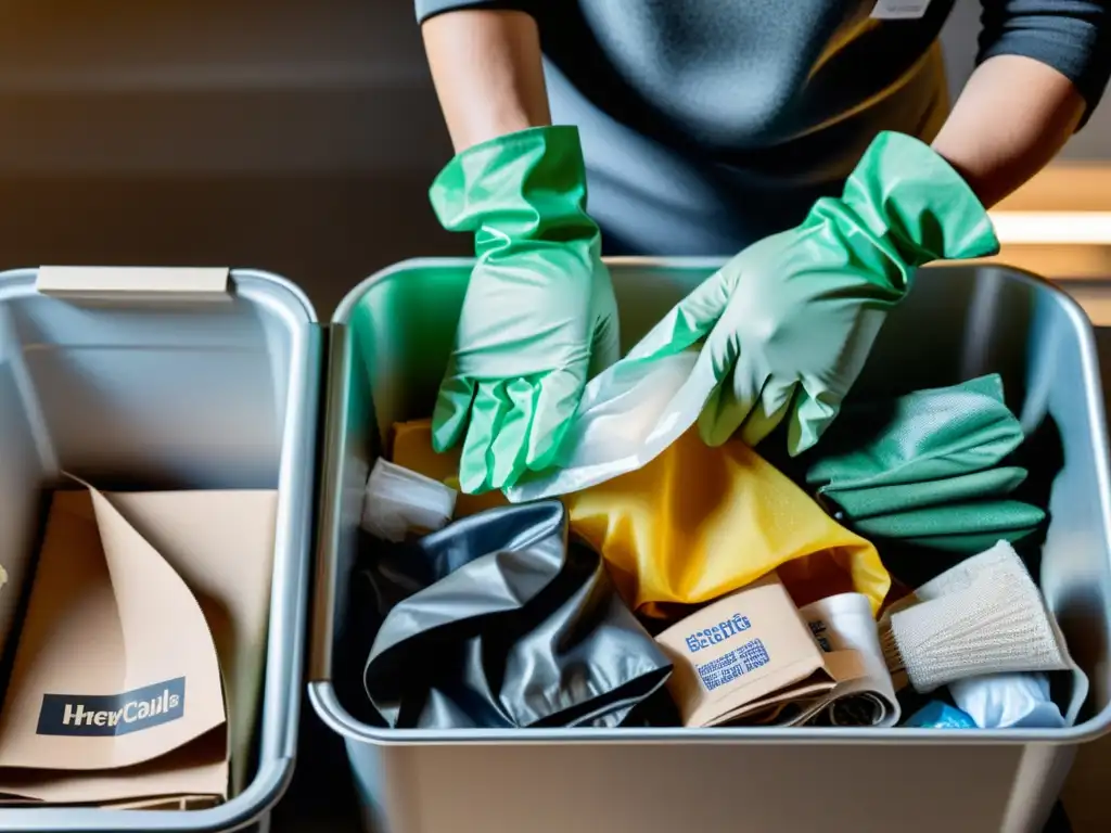 Persona con guantes seleccionando materiales reciclables con precisión y cuidado