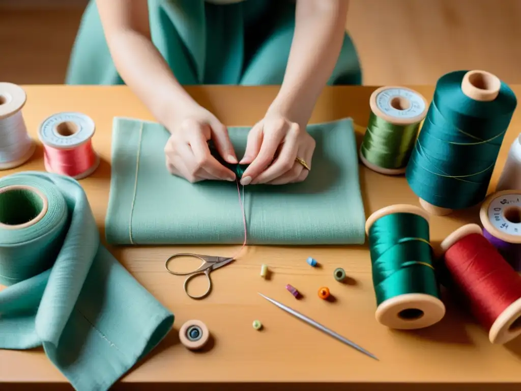 Una persona con habilidades personaliza prendas en un ambiente acogedor, rodeada de hilos y telas de colores