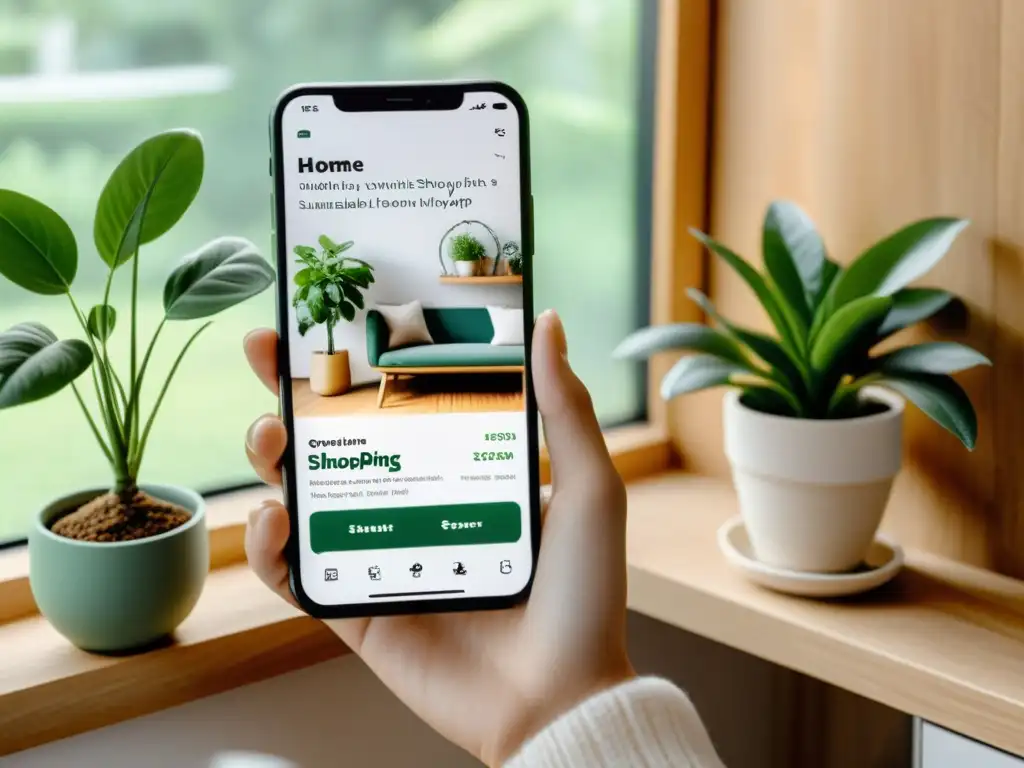 Persona en hogar sostenible usando apps compras sostenibles hogar en smartphone rodeada de naturaleza y luz natural