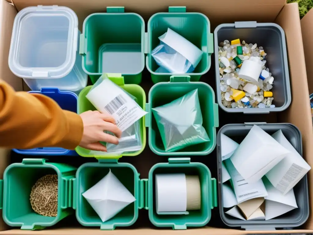 Una persona separa meticulosamente materiales reciclables, enfatizando compostaje y reciclaje para reducir contaminación