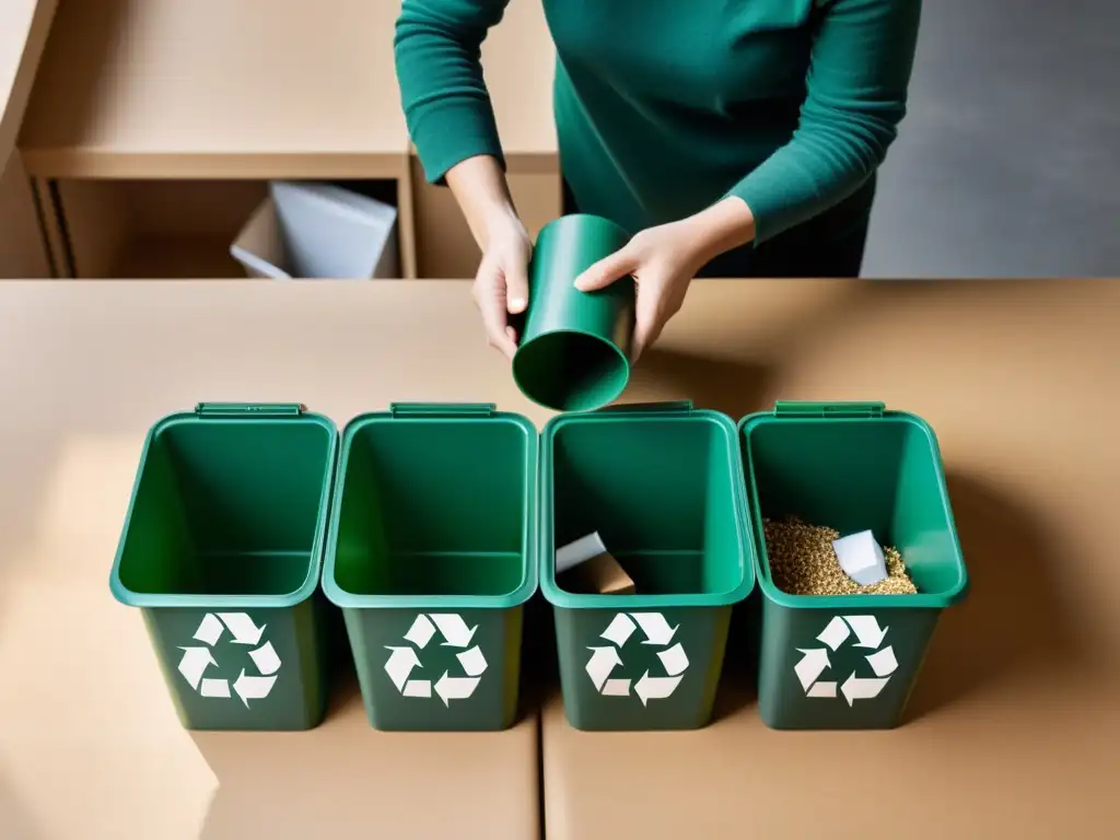 Una persona separa cuidadosamente materiales reciclables en contenedores etiquetados, demostrando conciencia ambiental y sostenibilidad