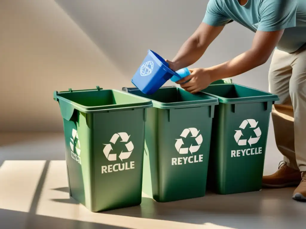 Una persona cuidadosamente clasifica materiales reciclables, transmitiendo la importancia de reciclar correctamente