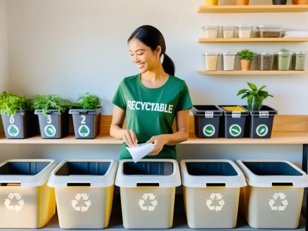 Persona separa materiales reciclables en estación de reciclaje en casa bien iluminada, con técnicas de reciclaje hogar sostenible