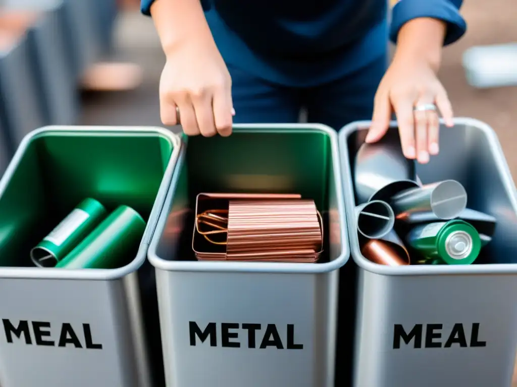 Una persona separa meticulosamente metales reciclables en contenedores etiquetados, resaltando la importancia del reciclaje de metales en casa