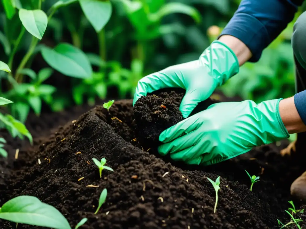 Una persona cuidadosamente volteando un montón de compost en un jardín, resaltando la importancia del compostaje en la vida cotidiana