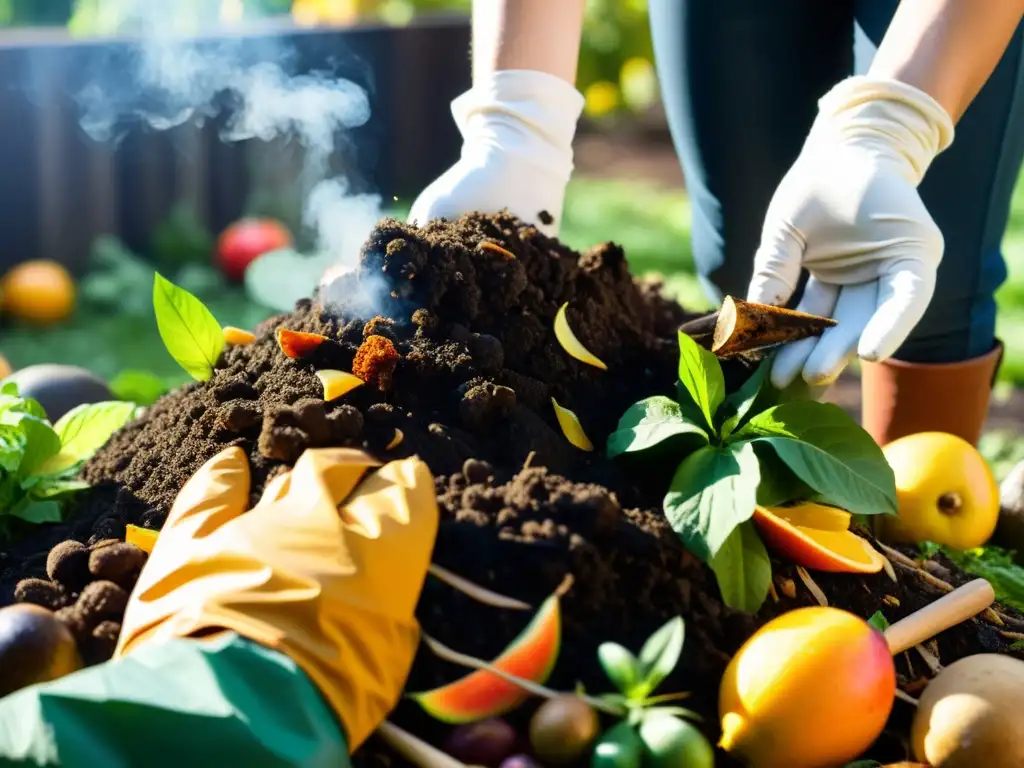 Persona aireando un montón de compost verde rodeado de desechos orgánicos