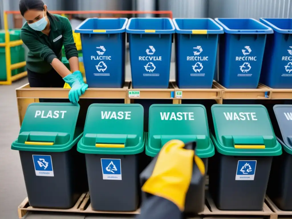 Persona clasificando plásticos con cuidado en instalación de reciclaje bien iluminada