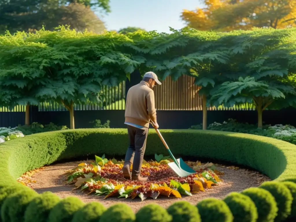 Una persona usando un rastrillo ecológico para recoger hojas en un jardín paisajístico, rodeada de vegetación exuberante