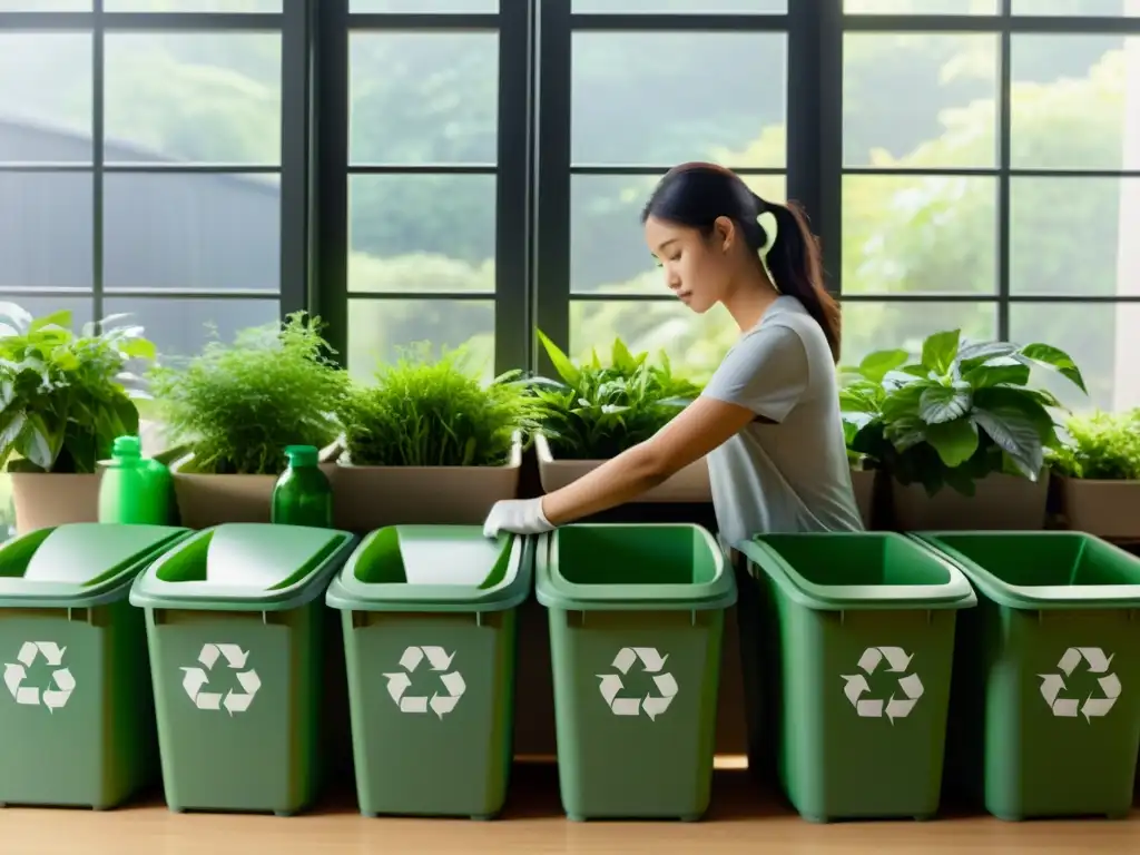 Una persona separa reciclables en contenedores etiquetados, rodeada de plantas verdes