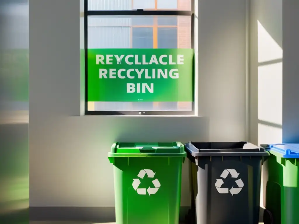 Una persona integrando RecycleSmart en su rutina diaria, separando reciclables en contenedores etiquetados, con luz natural suave