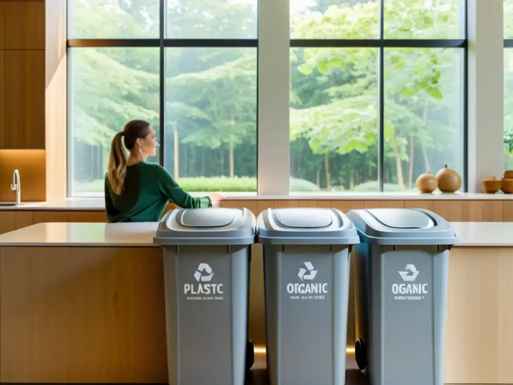 Persona reflexiva separando residuos en cocina moderna, transmitiendo motivación por el reciclaje y la separación de residuos