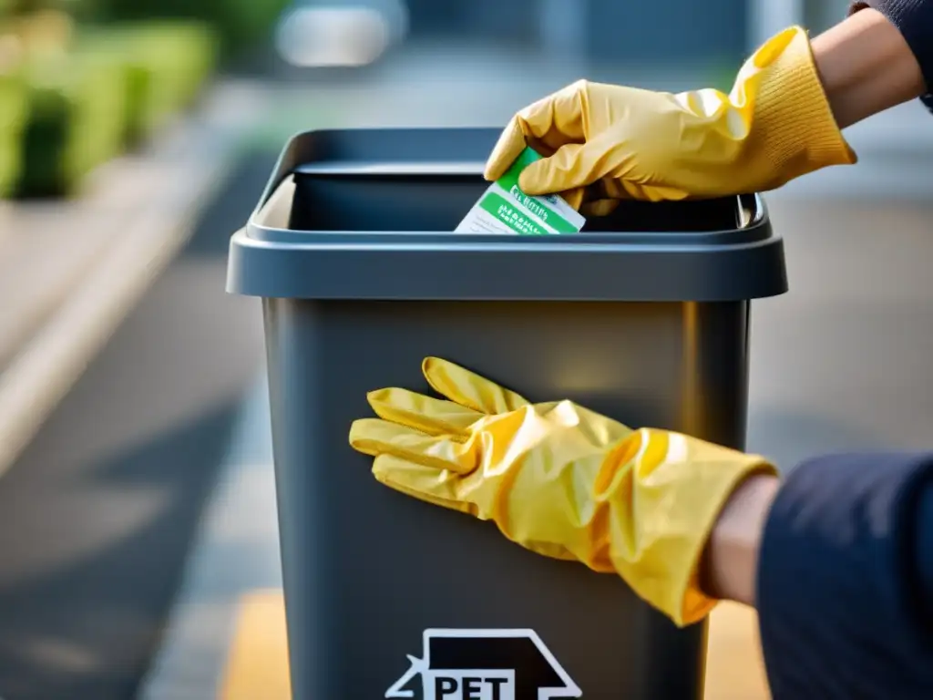 Manejo responsable de desechos de mascotas: guantes y contenedor designado Persona cuidadosamente desechando residuos de mascotas en contenedor designado, enfatizando la seguridad en el tratamiento de residuos