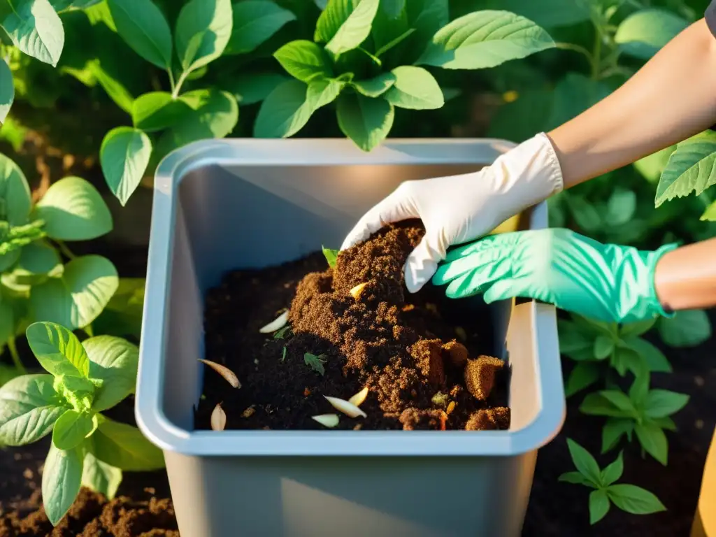 Una persona separa residuos orgánicos para compostaje, rodeada de naturaleza