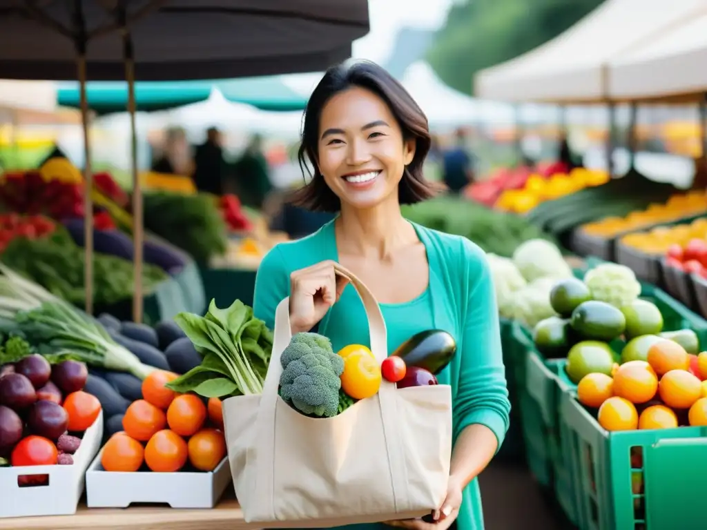 Una persona sonriente sostiene una bolsa reutilizable llena de productos frescos en un animado mercado de agricultores