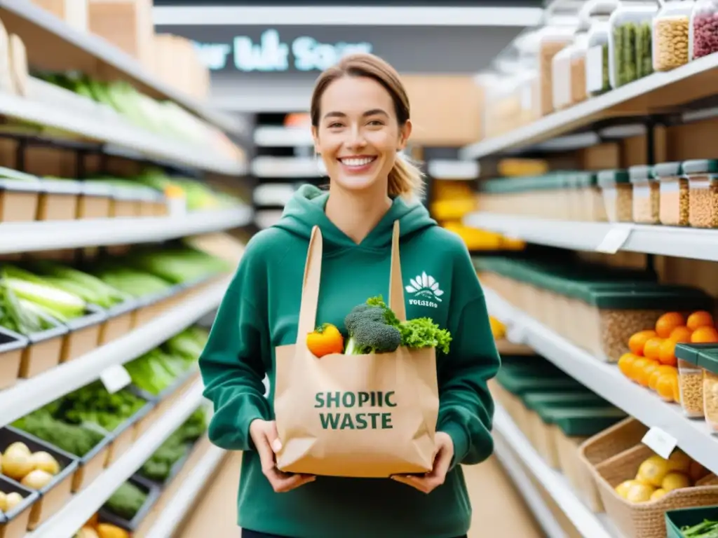 Persona sonriente con bolsas reutilizables en tienda zero waste, mostrando estrategias de compra eco-amigables