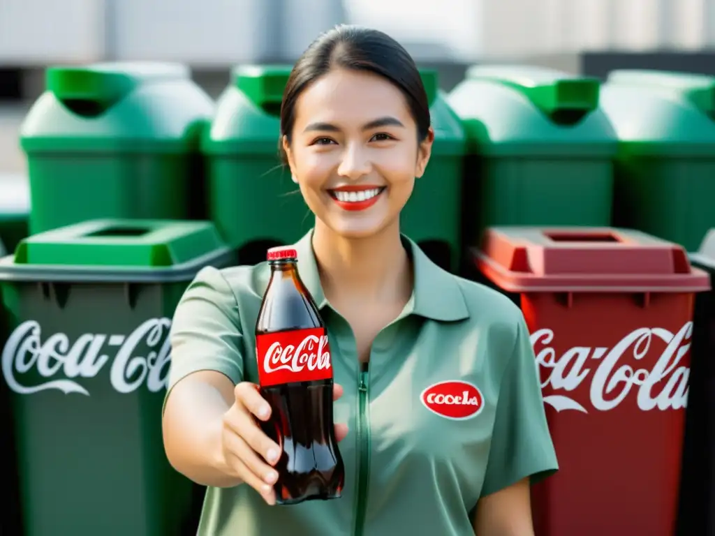 Una persona sonriente sostiene una botella de CocaCola en un centro de reciclaje moderno, transmitiendo responsabilidad ambiental y positividad