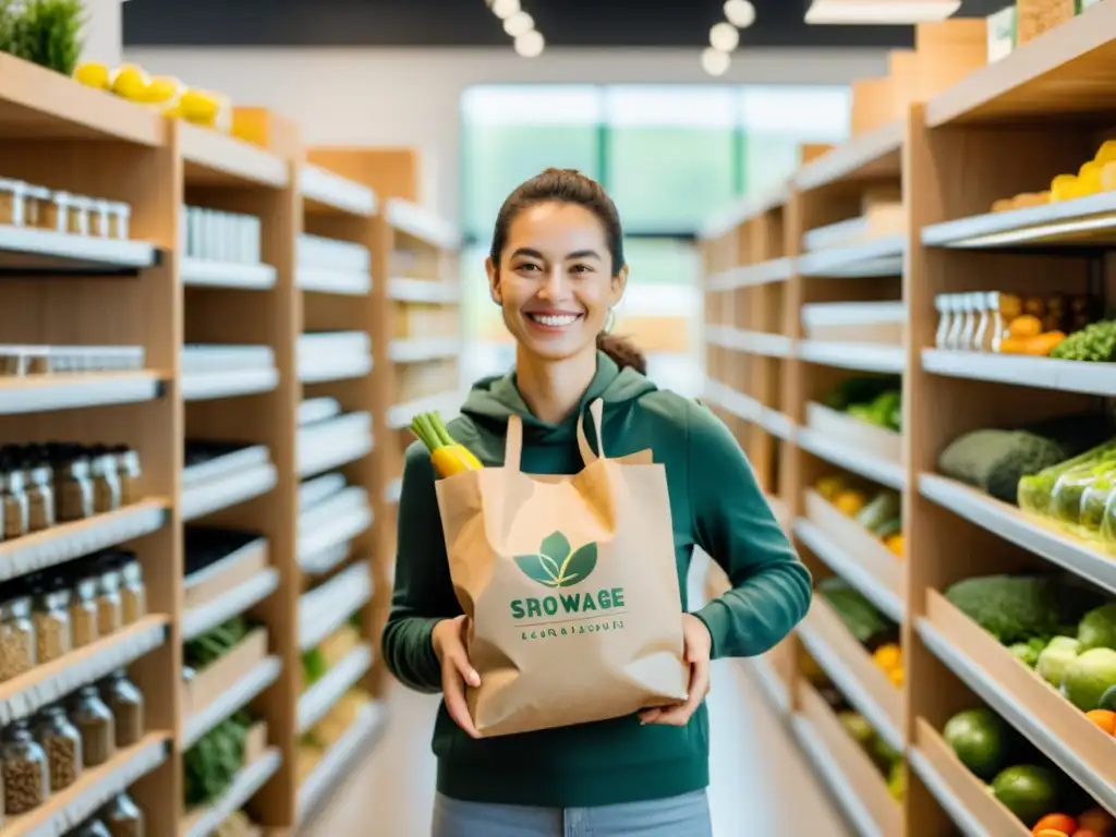 Una persona sonriente selecciona productos a granel en una tienda zero waste, mostrando estrategias de compra zero waste