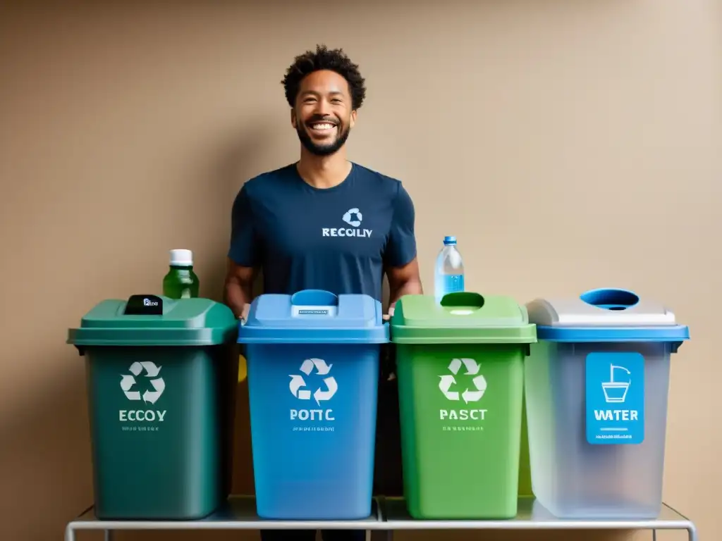 Persona sonriente separando residuos en reciclaje, con motivación psicología y conciencia ecológica