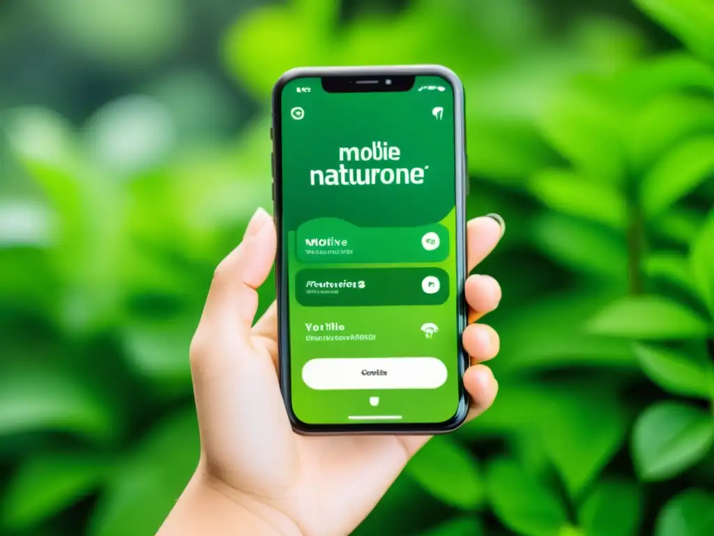 Persona sostenible usando app de marketing móvil marcas ecológicas en entorno natural