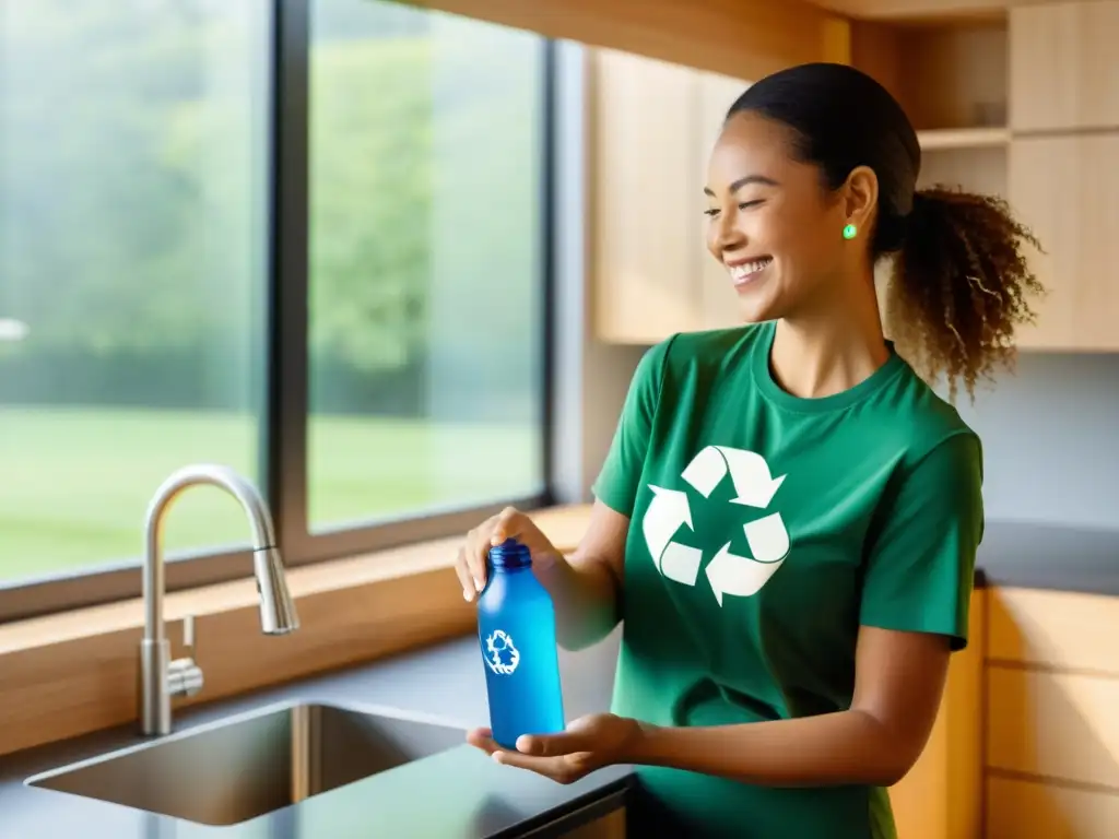 Una persona sostenible sonríe al usar una app de reciclaje en una cocina ecofriendly