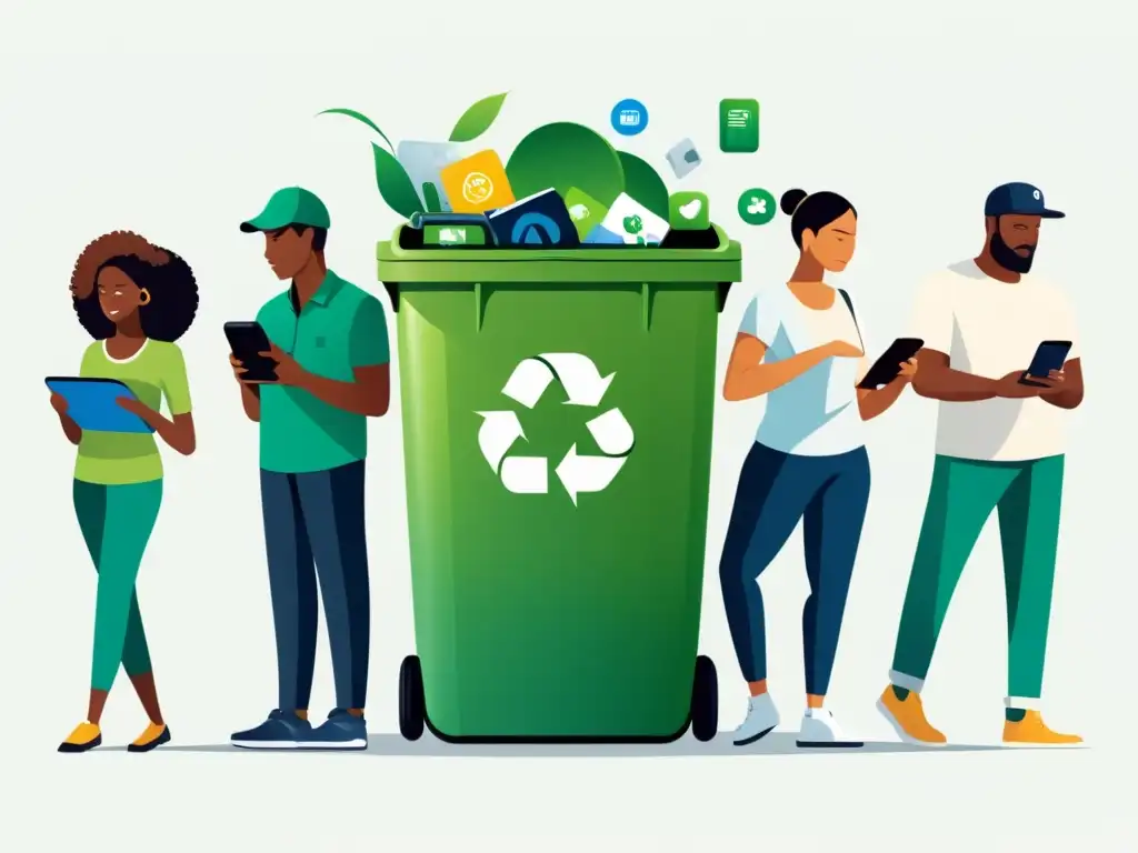 Diversas personas usando aplicaciones móviles de reciclaje sostenible, rodeadas de elementos ambientales, transmitiendo innovación sostenible