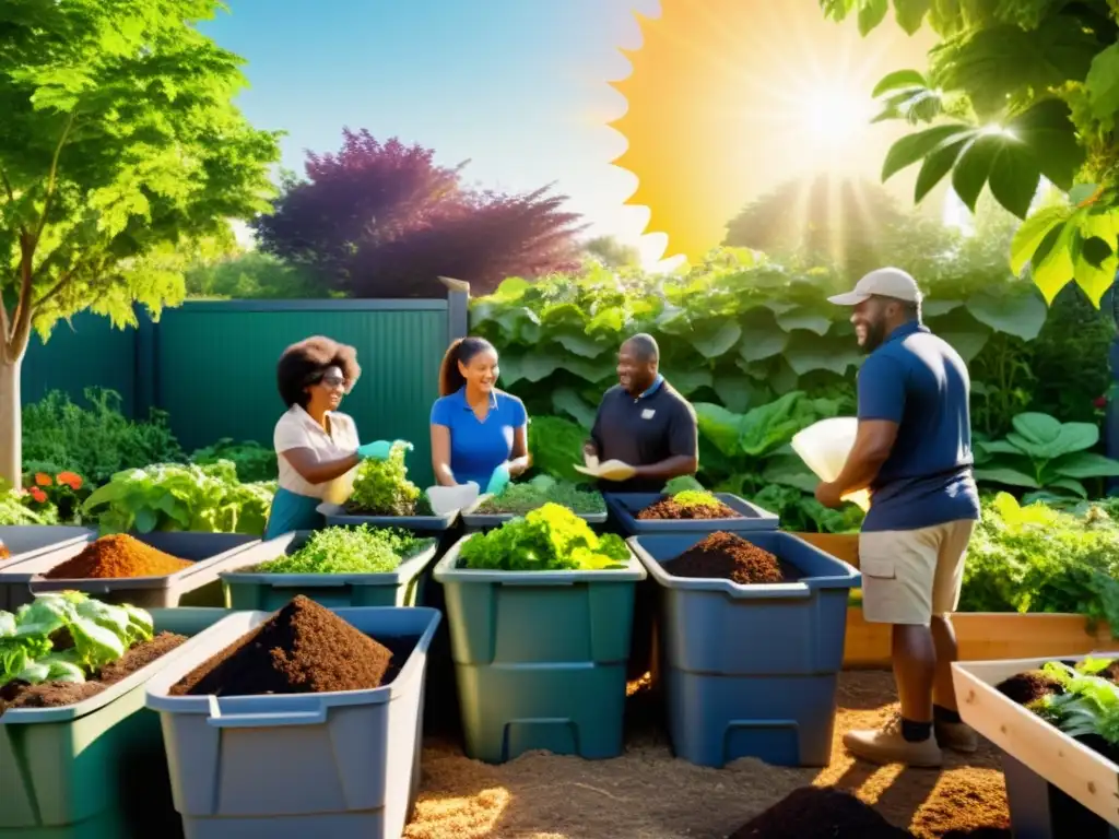 Personas de la comunidad colaborando en un jardín comunitario, rodeados de vegetación exuberante y contenedores de compostaje