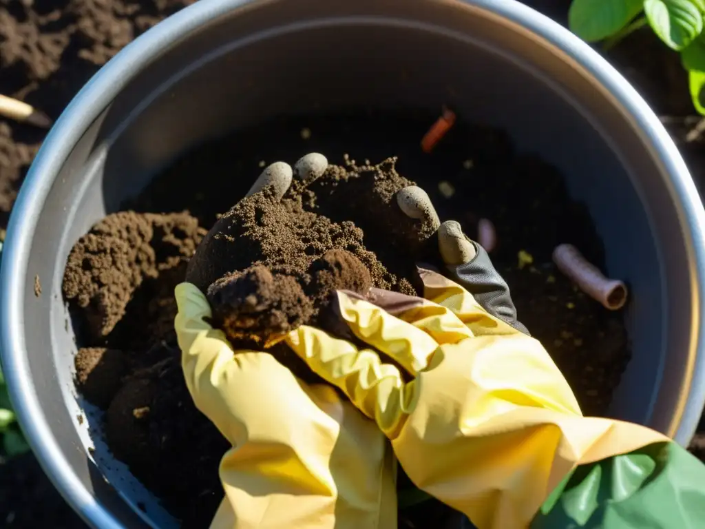 Personas creando fertilizantes caseros orgánicos, mezclando desechos orgánicos con tierra en un compostador, mostrando el proceso natural y educativo